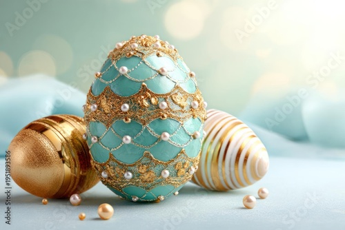 Wallpaper Mural Easter Eggs Decorated with Pearls and Gold on Light Blue Background Torontodigital.ca