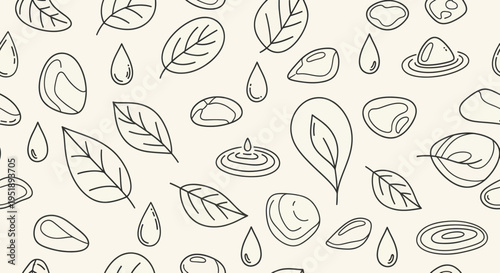 Hand-drawn leaves and water drops pattern.