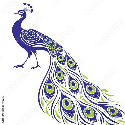 Stylized peacock illustration with blue and green plumage