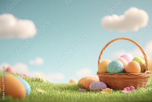 Wallpaper Mural Easter Eggs in Wicker Basket on Green Grass with Blue Sky Torontodigital.ca