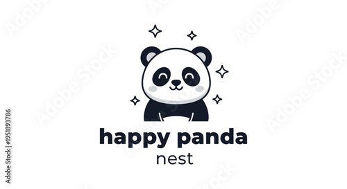Panda cartoon character logo in minimalist black and white line art with sparkles for branding and advertising