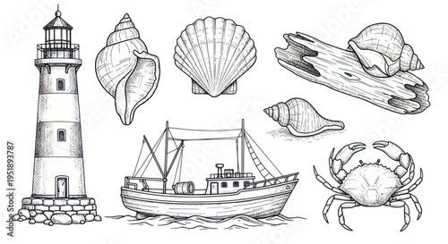Hand-drawn sketch collection of nautical and marine elements.
