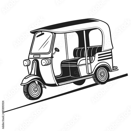 Black and white line art illustration of a motorized rickshaw or tuktuk