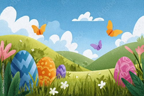 Wallpaper Mural Easter Eggs in Grassy Hill with Butterflies Torontodigital.ca
