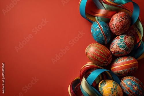 Wallpaper Mural Colorful Easter Eggs with Ribbons on Red Background Torontodigital.ca