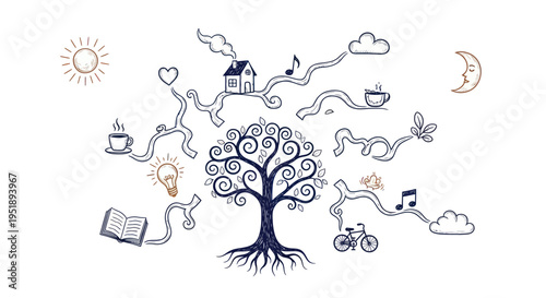 Mind Map Tree with Abstract Concepts and Daily Activities.