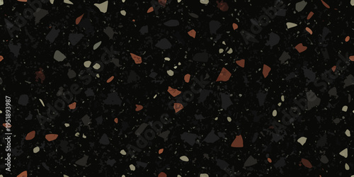 Dark terrazzo pattern with scattered fragments of various earth tones