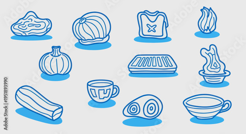 Minimalist Blue Outline Illustrations of Various Food Items and Kitchenware.