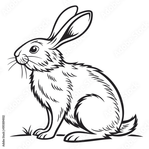 Black and white line art illustration of a cute rabbit sitting
