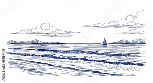 Ocean waves with a sailboat on the horizon under a cloudy sky.