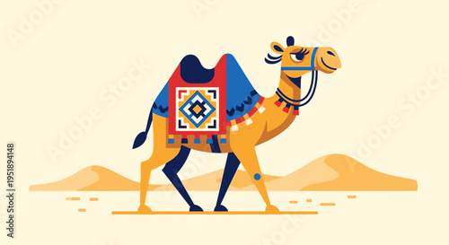 Camel Walking in Desert Sand.