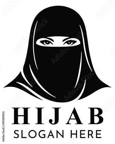 Black and white vector illustration of a Muslim woman wearing a niqab, with only her eyes visible, suitable for modest fashion branding and cultural representation.