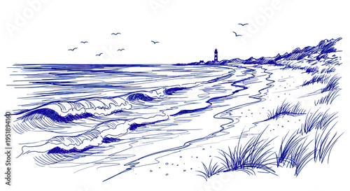 Ocean waves crashing on a sandy beach with a distant lighthouse.