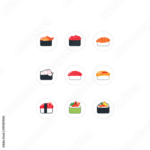 Set of hand drawn sushi icons in circles featuring nigiri and gunkan