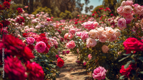 Wallpaper Mural Red and pink roses in full bloom forming repeating patterned beds in a landscaped rose garden Torontodigital.ca
