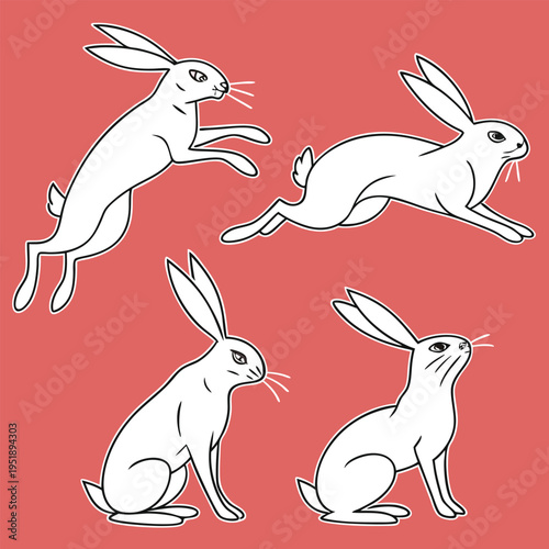 Set of hand drawn rabbits in different poses, outline style illustration of cute bunnies