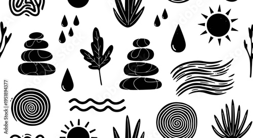 Seamless pattern featuring natural elements like zen stones leaves suns and water drops in a minimalist style.