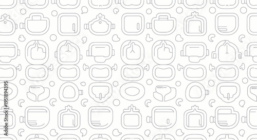 Seamless pattern of various coffee cups and mugs in outline style.