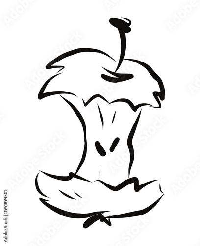 Apple core line art illustration showing eaten fruit center with seeds representing leftover food and minimal fruit sketch. Vector hand drawn illustration.