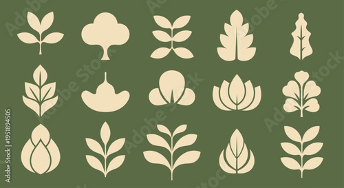 Stylized Botanical Icons Collection Featuring Diverse Plant and Leaf Shapes.