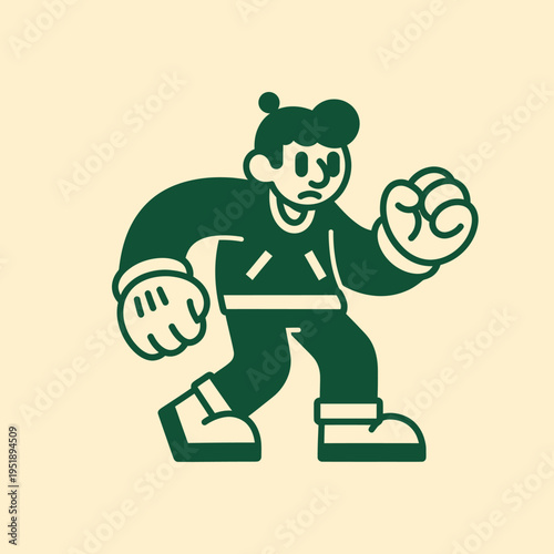 Stylized Cartoon Character in Motion with Determined Expression.