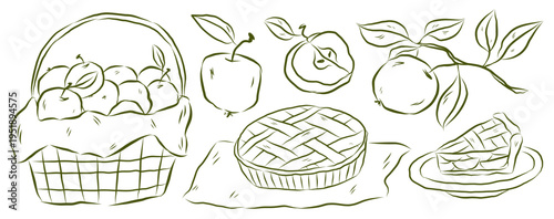 Homemade pie and apples set in line art style. Basket full of apples, pie slice, apple branch. Ideal for food icons, menus, packaging, and bakery designs. Vector hand drawn illustration.