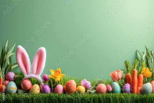 Wallpaper Mural Easter Bunny Ears with Colorful Eggs and Flowers on Green Grass Torontodigital.ca