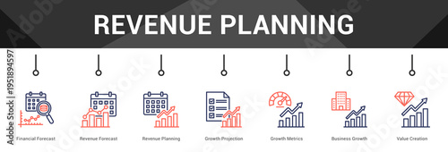Revenue Planning  Modern and clean web banner illustration vector featuring thematic icons