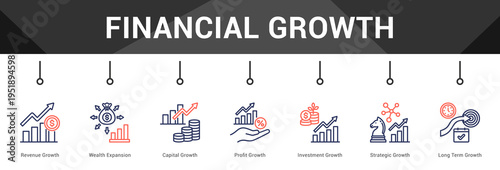 Financial Growth  Modern and clean web banner illustration vector featuring thematic icons