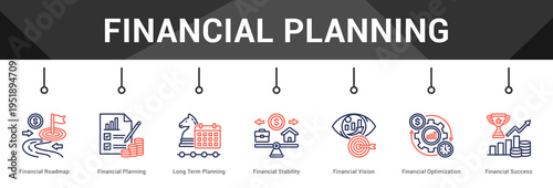 Financial Planning  Modern and clean web banner illustration vector featuring thematic icons