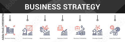 Business Strategy  Modern and clean web banner illustration vector featuring thematic icons