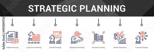 Strategic Planning  Modern and clean web banner illustration vector featuring thematic icons