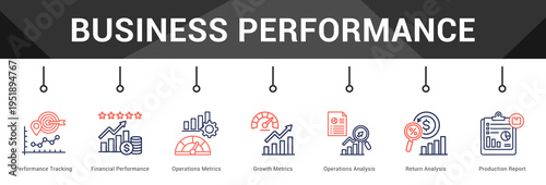 Business Performance  Modern and clean web banner illustration vector featuring thematic icons