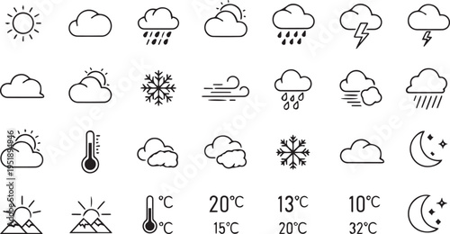 Detailed Weather Icon Set Featuring Sun Clouds Rain Snow Thunderstorms Temperature Symbols and Night Sky Elements for Forecast Design