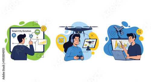 Set of 3 vector illustrations of people working with technology
