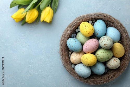 Wallpaper Mural Colorful Easter Eggs in Woven Basket with Yellow Tulips on Blue Background Torontodigital.ca