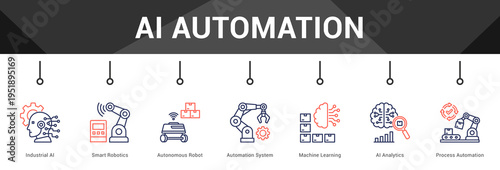 AI Automation  Modern and clean web banner illustration vector featuring thematic icons