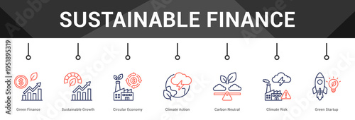 Sustainable Finance  Modern and clean web banner illustration vector featuring thematic icons