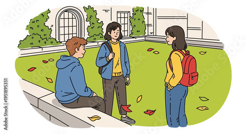 cartoon illustration of three teenagers talking on school campus