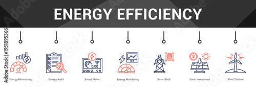 Energy Efficiency  Modern and clean web banner illustration vector featuring thematic icons