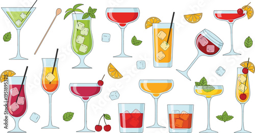Collection of various summer cocktails and alcohol drinks isolated on white