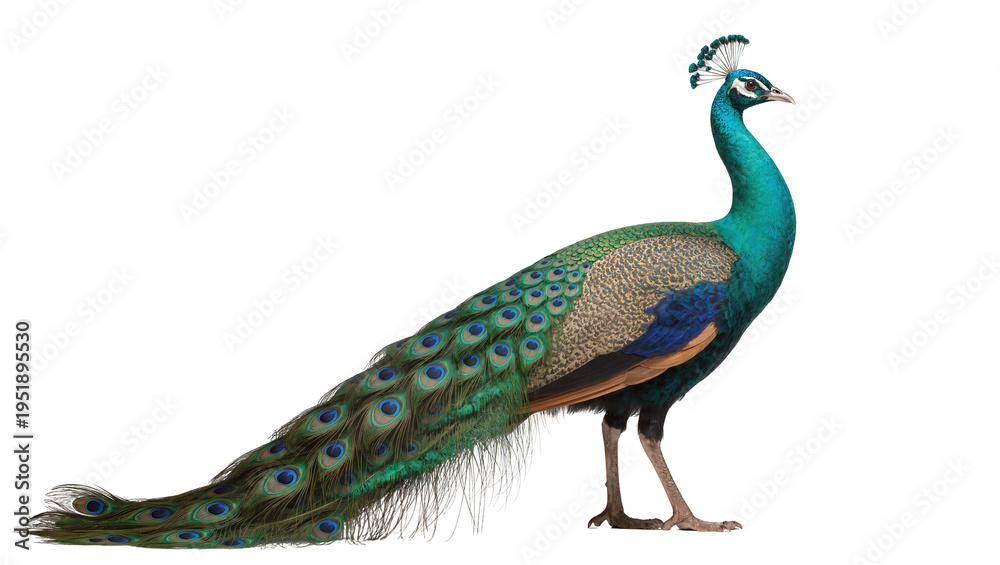 Fototapeta premium Majestic Indian peafowl, Pavo cristatus, with iridescent blue-green plumage and long ornate tail feathers, isolated PNG on transparent background
