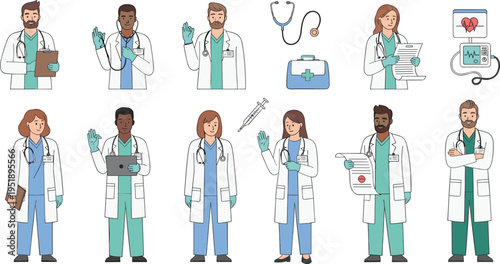 Diverse Medical Doctors and Healthcare Professionals Illustration Set Featuring Male Female Physicians Nurses Medical Tools and Hospital Equipment in Flat Cartoon Style