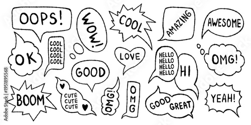 Vector set of cute hand drawn comic speech bubbles with doodle words oops, wow, cool, omg, boom. Fun sketch chat balloon collection for social media post, sticker, poster, planner, journaling.