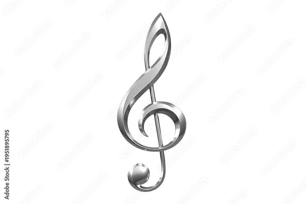 Fototapeta premium Silver treble clef, a shiny metallic 3d musical symbol, representing sound, melody, and harmony on a transparent background