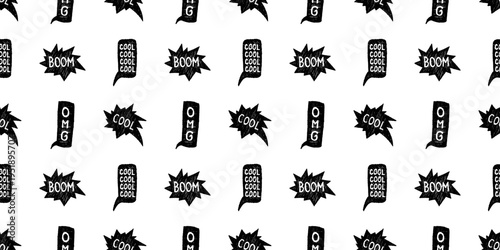 Vector grunge seamless pattern with hand drawn scribble speech bubbles and comic badge with words boom, cool, omg on white background. Fun doodle pop art texture for wrapping paper, fabric, wallpaper.