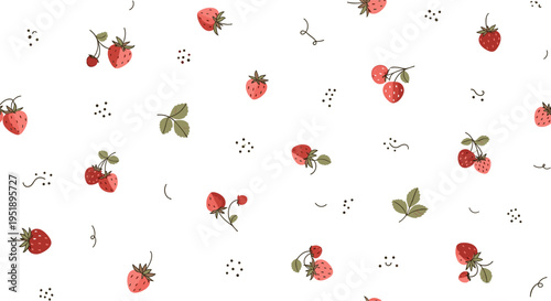 Seamless pattern with small hand drawn strawberries and leaves on white background