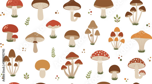 Seamless pattern with various forest mushrooms and autumn leaves on white background