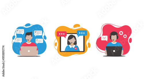 Set of 3 people using laptops and devices vector icons