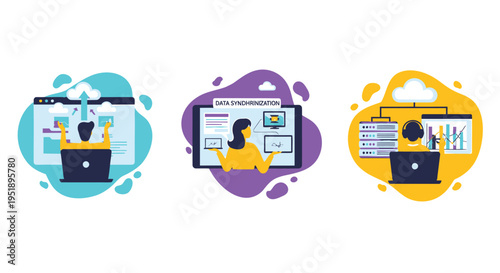 Set of 3 vector office icons with people working on laptops